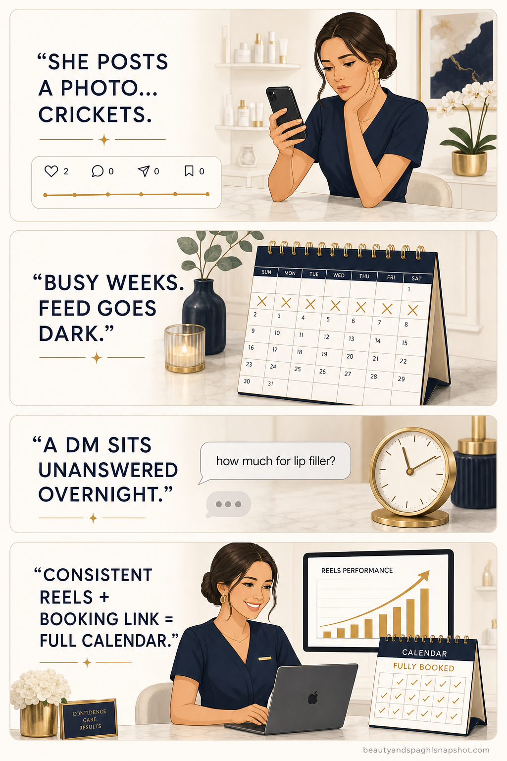 Vertical four-panel comic reel of a New York City med spa owner: panel one she posts a photo and gets crickets, panel two her feed goes dark for three weeks during a busy stretch, panel three a client DM 'how much for lip filler?' sits unanswered overnight, panel four after switching to consistent Reels with a booking link her calendar fills