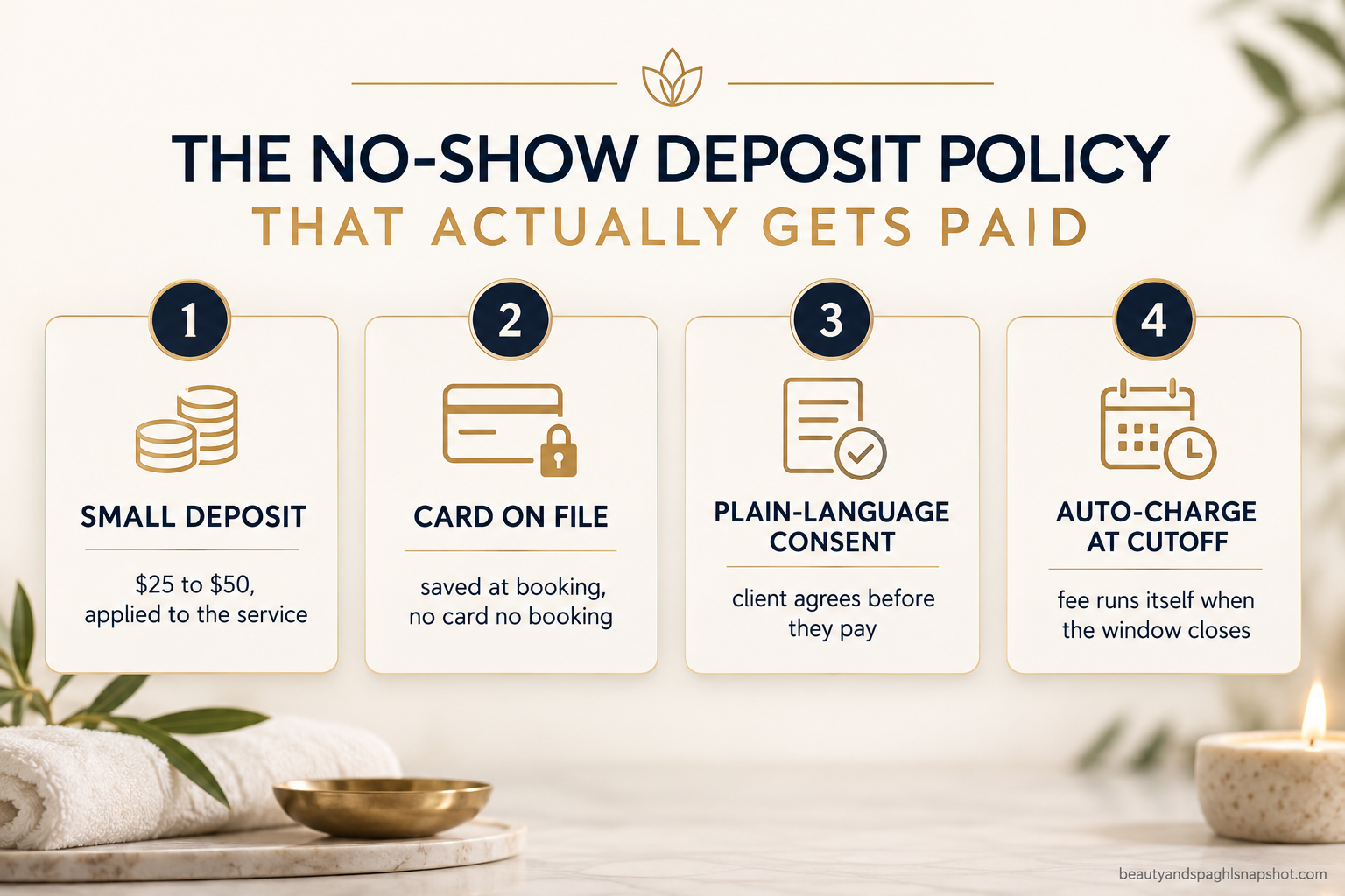 Infographic titled A No-Show Deposit Policy That Actually Gets Paid, showing the deposit amount, the card-on-file step, the cancellation window and the automatic no-show charge for a spa in 2026