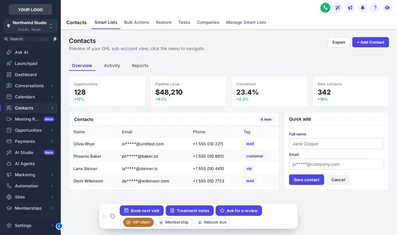 GoHighLevel contact page with a contact actions bar: VIP client, Membership and Rebook due tags plus Book next visit, Treatment notes and Ask for a review buttons