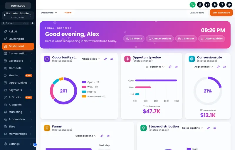 GoHighLevel sub-account dashboard with the Aurora Glass design: frosted cards and a greeting banner with a live clock
