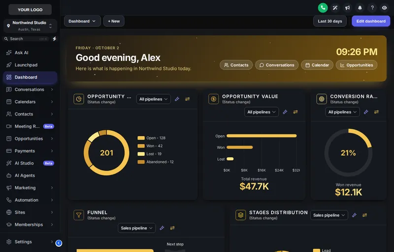 Dark GoHighLevel dashboard with the Obsidian Gold design: black cards with gold charts
