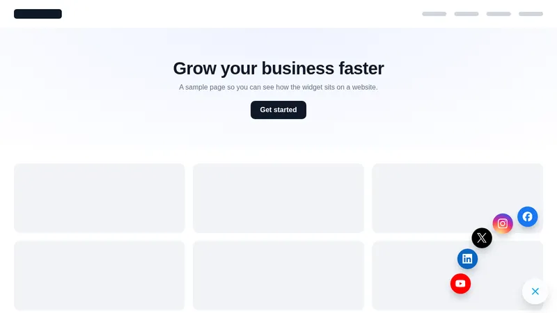 Glass social fan floating widget open on a sample website, social icons fanned out from the launcher