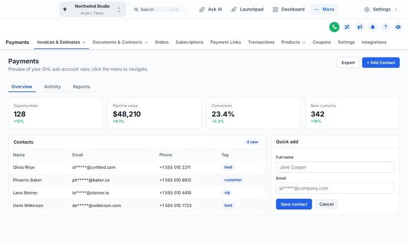 GoHighLevel menu turned into a glass top bar above the payments page