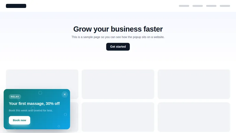 Spa offer popup with soft bubbles in the corner of a sample website